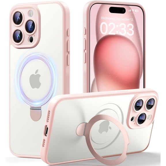 for iPhone 15 Pro Case with Magnetic Stand [Full Camera Protection] [Compatible with MagSafe] Mil-Grade Shockproof Slim Matte Translucent for iPhone 15 Pro Case, Pink Titanium