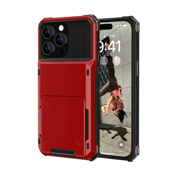 iPhone 15 Pro Case, Mantto Wallet Cover 5 Credit Card Slots Holder Flip Hidden Rugged Dual Layer PC & TPU 2 in 1 Protection Hybrid Tough Back Armor Phone Skin For Apple iPhone 15 Pro, Red