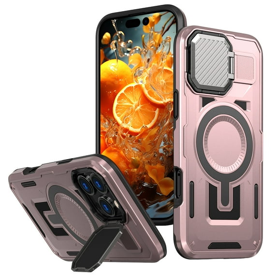 for iPhone 15 Pro Case with Metal Camera Cover Kickstand, Compatible with MagSafe Military-Grade Protection Heavy Duty Magnetic Anti-Fall Rugged Phone Cover for iPhone 15 Pro, Rosegold