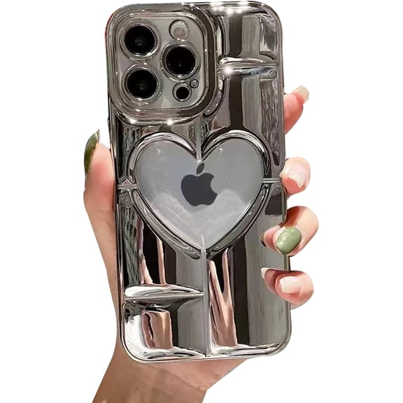 for iPhone 15 Pro Case, [Premium Chrome Silver Transparent Heart][Shiny Electroplated 3D Heart][Creative airbag Case] Soft TPU Drop and Shock Resistant for Women and Girls Silver