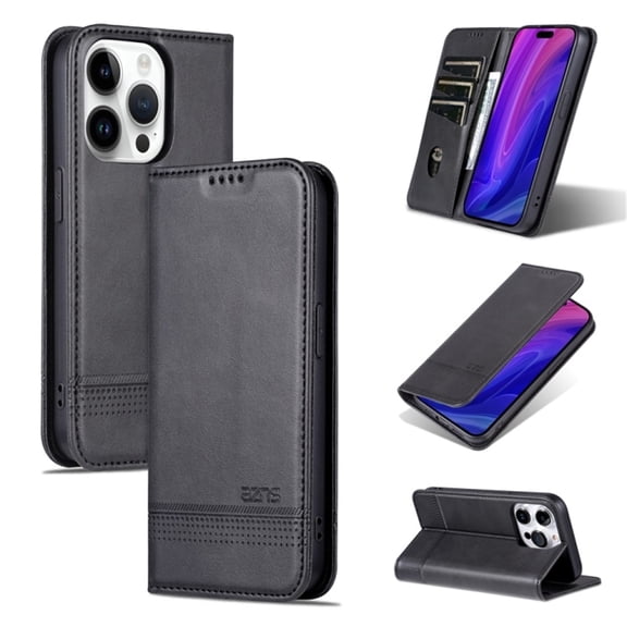 For iPhone 15 Pro Case Premium PU Leather Simple Wallet Case TPU Bumper Card Slots Kickstand Magnetic Closure Shockproof Flip Cover,black,For iPhone 15 Pro