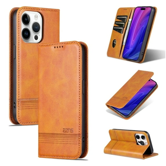For iPhone 15 Pro Case Premium PU Leather Simple Wallet Case TPU Bumper Card Slots Kickstand Magnetic Closure Shockproof Flip Cover,light brown,For iPhone 15 Pro
