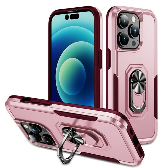 for iPhone 15 Pro Case Protective Cover,Heavy Duty Military Grade Hard Protection Shock Proof Grip | Durable Dual-Layer Design Phone Case with Built-in 360 Ring Holder Kickstand,Pink+Rose