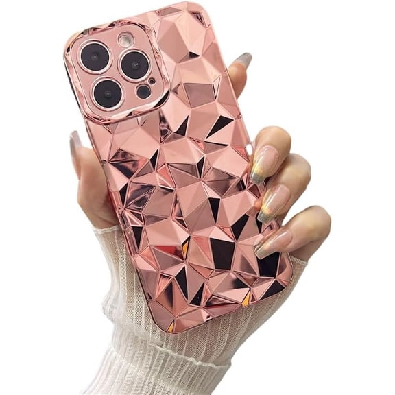for iPhone 15 Pro Case Rose Gold Electroplate Chrome Plating Diamond Lattice Texture Glitter Glossy Soft TPU Shockproof Protective Slim fit Flexible Phone Case (Pink, iPhone 15 Pro)