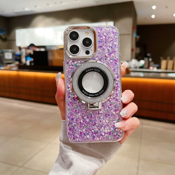 for iPhone 15 Pro Case with Rotatable Ring Holder Kickstand Bling Glitter Gradient TPU Rubber Phone Case Compatible with MagSafe, Shockproof Protective Cover for Women Girls, Purple