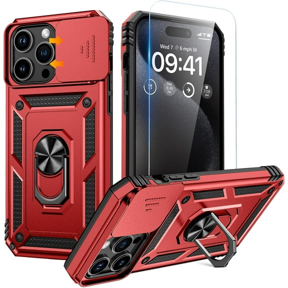 for iPhone 15 Pro Case with Screen Protector - Slide Camera Cover Protective Phone Case with Ring Stand, Heavy Duty Shockproof Rugged Bumper for iPhone 15 Pro Accessories Red
