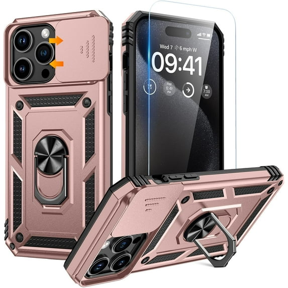 for iPhone 15 Pro Case with Screen Protector - Slide Camera Cover Protective Phone Case with Ring Stand, Heavy Duty Shockproof Rugged Bumper for iPhone 15 Pro Accessories Rose Gold