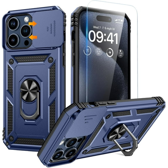 for iPhone 15 Pro Case with Screen Protector - Slide Camera Cover Protective Phone Case with Ring Stand, Heavy Duty Shockproof Rugged Bumper for iPhone 15 Pro Accessories Blue