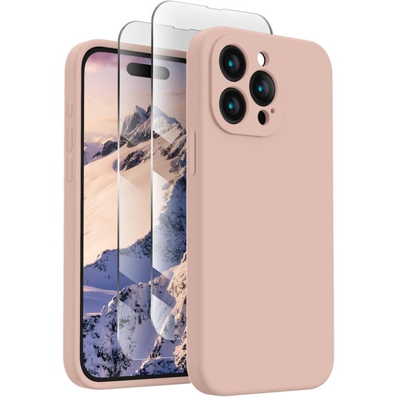for iPhone 15 Pro Case, Silicone Upgraded [Camera Protection] Phone Case with [2 Screen Protectors], Soft Anti-Scratch Microfiber Lining Inside, 6.1 inch, Pinksand