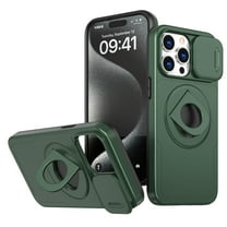 for iPhone 15 Pro Case with Sliding Camera Cover, Compatible with MagSafe Built-in 360° Rotatable Invisible Kickstand Military Grade Shockproof Protective Magnetic Phone Case, Darkgreen