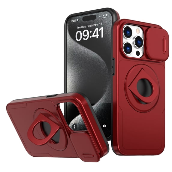 for iPhone 15 Pro Case with Sliding Camera Cover, Compatible with MagSafe Built-in 360° Rotatable Invisible Kickstand Military Grade Shockproof Protective Magnetic Phone Case, Red