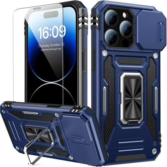 for iPhone 15 Pro Case with Sliding Camera Cover + Screen Protector - Metal Magnetic Kickstand - Military-Grade Shockproof Matte Protective Phone Cover 6.1" for Men Women Girls - Navy Blue