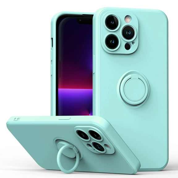 For iPhone 15 Pro Case, Slim Silicone | 360° Ring Holder Kickstand | Support Car Mount | Soft Gel Rubber Hybrid Bumper For iPhone 15 Pro Phone Cover for Girls Women,Lightcyan