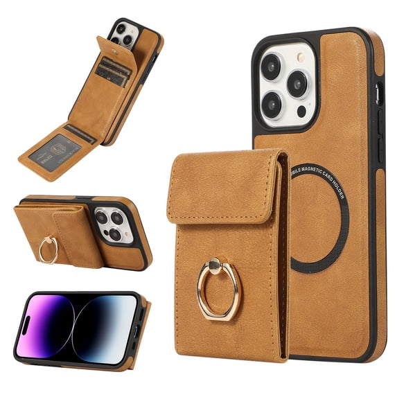 for iPhone 15 Pro Case Wallet, with PU Leather Detachable Card Holder Compatible with Magsafe, Durable Protection Magnetic Phone Case with Ring Kickstand for iPhone 15 Pro, Brown