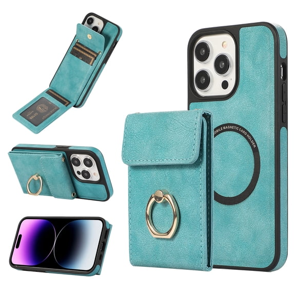 for iPhone 15 Pro Case Wallet, with PU Leather Detachable Card Holder Compatible with Magsafe, Durable Protection Magnetic Phone Case with Ring Kickstand for iPhone 15 Pro, Green