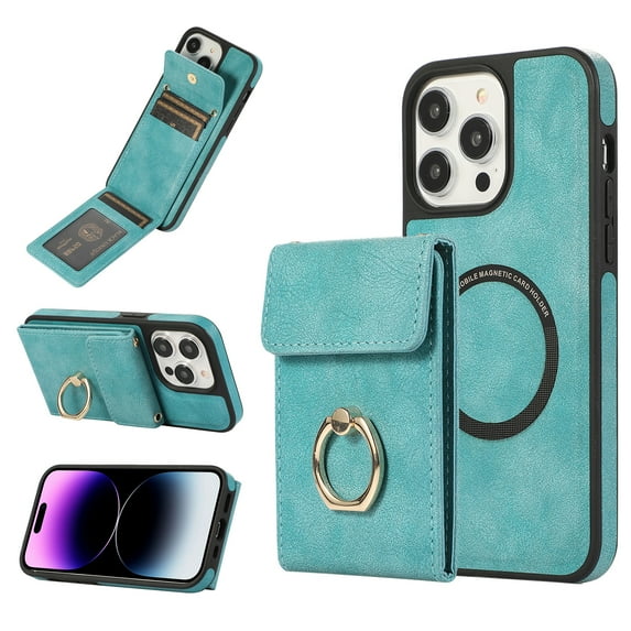 for iPhone 15 Pro Case Wallet, with PU Leather Detachable Card Holder Compatible with Magsafe, Durable Protection Magnetic Phone Case with Ring Kickstand for iPhone 15 Pro, Green