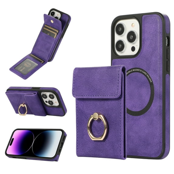 for iPhone 15 Pro Case Wallet, with PU Leather Detachable Card Holder Compatible with Magsafe, Durable Protection Magnetic Phone Case with Ring Kickstand for iPhone 15 Pro, Purple