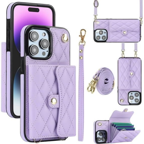 for iPhone 15 Pro Case, Wallet Phone Case Cute Leather Case with Card Holder Crossbody Cover for Women Girls Strap Wristlet RFID Blocking Shockproof Protective Cover, Purple