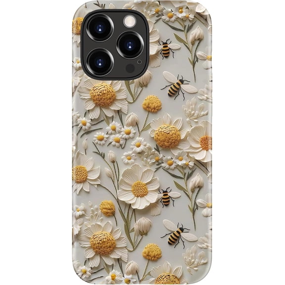 for iPhone 15 Pro Case - Wireless Charging Compatible - Dual-Layer Hard Shell + Silicone Cover - Shockproof Protective Phone Case with Stylish Designs for Women - Flower and Bumblebee