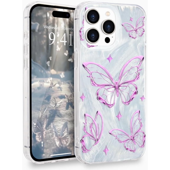 for iPhone 15 Pro Case for Women Girls Shiny Silver Butterfly Design, Cute Trendy Soft Slim TPU Shockproof Protective Phone Case Cover for iPhone 15 Pro 6.1'' Aesthetic Light Purple
