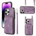 thumbnail image 1 of for iPhone 15 Pro Case with Zipper Card Holders and Crossbody Strap & Short Belt for Women, RFID Blocking PU Leather Button Flip Shockproof Wallet Case Cover for iPhone 15 Pro - Purple, 1 of 11