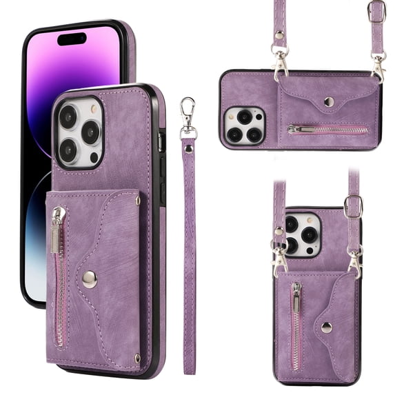 for iPhone 15 Pro Case with Zipper Card Holders and Crossbody Strap & Short Belt for Women, RFID Blocking PU Leather Button Flip Shockproof Wallet Case Cover for iPhone 15 Pro - Purple