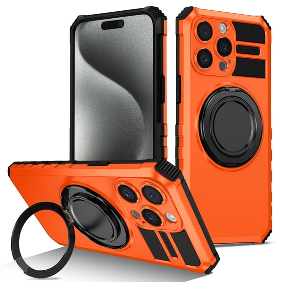 For iPhone 15 Pro Case, iPhone 15 Pro Case with Invisible Stand, Military Grade Protective Cases with Ring[Adjustable & Foldable] ,Magnetic for iPhone 15 Pro case,Shockproof,Orange