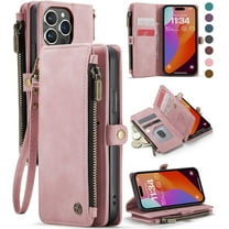 for iPhone 15 Pro Case, for iPhone 15 Pro Case Wallet for Women Men, Durable PU Leather Magnetic Flip Strap Wristlet Zipper Card Holder Wallet Phone Cases for iPhone 15 Pro [6.1"], Rose Pink