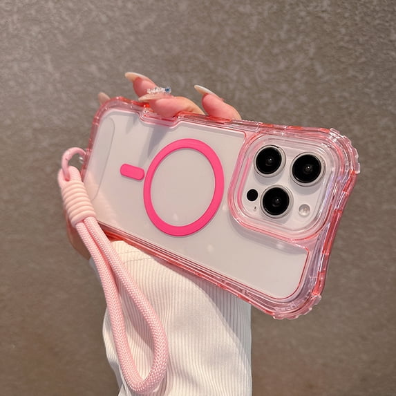 for iPhone 15 Pro Clear Magnetic Case with Anti-Drop Wrist Strap, Military Grade Drop Protection Anti-Yellowing Cell Phone Cover - Rugged Durable Shockproof Protective Bumper Case, Pink