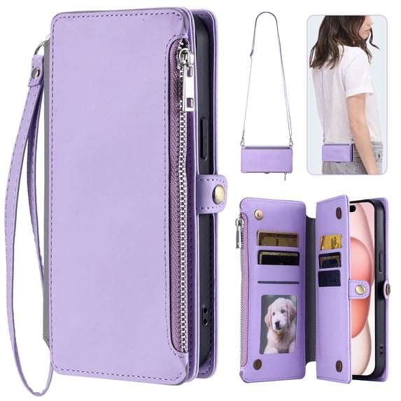 For iPhone 15 Pro Crossbody/Shoulder Strap Case Wallet Card Holder RFID Blocking Magnetic Closure PU Leather Flip with Wrist Strap Zipper Credit Card Slots Shockproof Cover, Purple