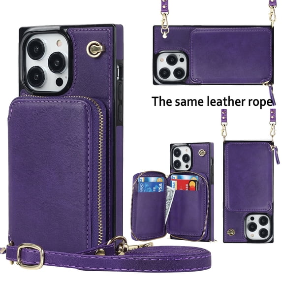 iPhone 15 Pro Crossbody Wallet Case, Zipper Pocket Phone Case Cross Body Strap with RFID Blocking Carring Bag Credit Card Premium Leather Kickstand Shockproof Case For iPhone 15 Pro, Purple