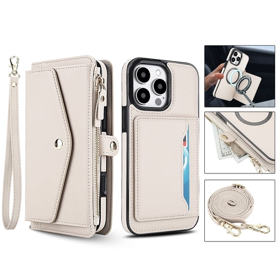 For iPhone 15 Pro Crossbody Wallet Phone Case,Magnetic Detachable Flip,With Wrist Strap&Shoulder Strap,Zipper Pocket,Card Holder,Compatible with Mag-Safe,PU Leather Shockproof Case,White