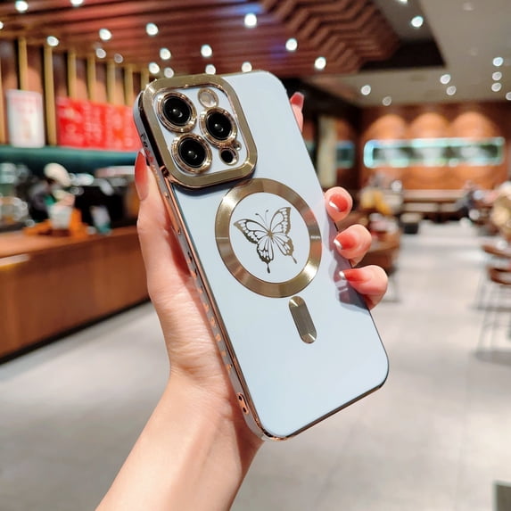 for iPhone 15 Pro, Cute Butterflies Design for Women Girls,Luxury Plating Edge Bumper Full Camera Lens Protection Sliding edge Small Heart Patterned Case For iPhone 15 Pro, Blue