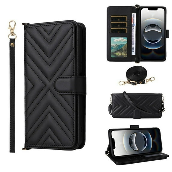 For iPhone 15 Pro Diamond Pattern PU Leather Wallet Case Magnetic Flip Cover Multi-Card Slots Pocket Kickstand With Detachable Shoulder Strap And Wrist Strap,Black,For iPhone 15 Pro