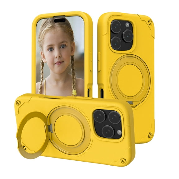for iPhone 15 Pro EVA Case with Aluminum Alloy Magnetic Invisible Ring Stand [Compatible with MagSafe] [Military Drop Protection] Shockproof Anti-Slip Scratch Resistant Cover, Yellow