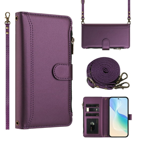 for iPhone 15 Pro Flip Wallet Case, PU Leather Protective Rugged Cover with Credit Card Slots Zipper Pocket, Shock-Absorbent Kickstand Magnetic Closure Lanyard & Shoulder Strap, Darkpurple