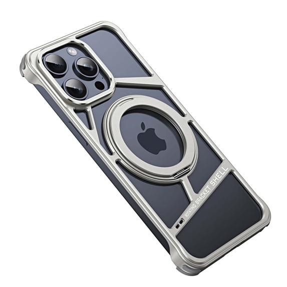 For iPhone 15 Pro Frameless Phone Case,With Kickstand 360° Rotatable Magnetic Stand,Bezel Less Metal Slim Hard Shockproof Ultra Thin Heat Dissipation Rugged Phone Case Cover,Gray
