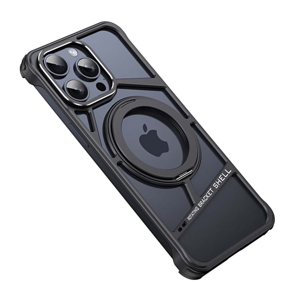 For iPhone 15 Pro Frameless Phone Case,With Kickstand 360° Rotatable Magnetic Stand,Bezel Less Metal Slim Hard Shockproof Ultra Thin Heat Dissipation Rugged Phone Case Cover,Black
