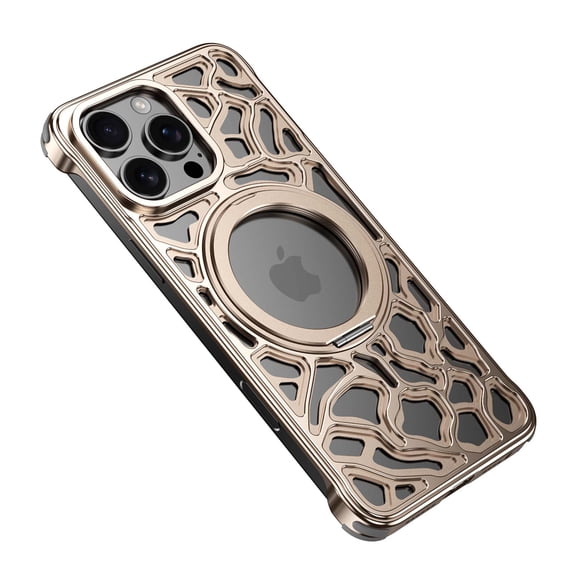 for iPhone 15 Pro Heat Dissipation Case,Frameless Metal with Stand,Irregular Rock Inspired Designing,360°Rotating Ring Kickstand Protective Cover,Slim Shockproof Thin Bumper Case,Desertgold
