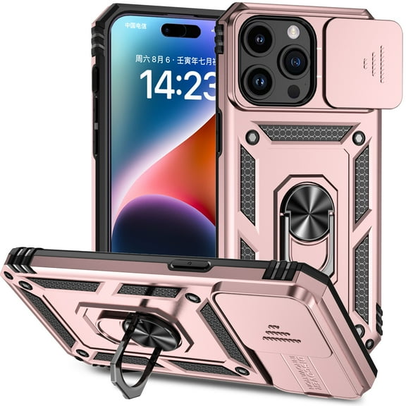 iPhone 15 Pro Kickstand Armor Case with Slide Camera Lens Protection Cover Built-in 360° Rotate Ring Holder Stand Magnetic Military Shockproof Phone Cover Case for iPhone 15 Pro,
Rosegold