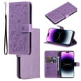 thumbnail image 1 of For iPhone 15 Pro Luxury Wallet Case,Embossed Flower Cat[Hand Strap] Handmade Flip Folio Magnetic Closure Cover with [Kickstand Function] Credit Card Holder For iPhone 15 Pro, Purple, 1 of 8
