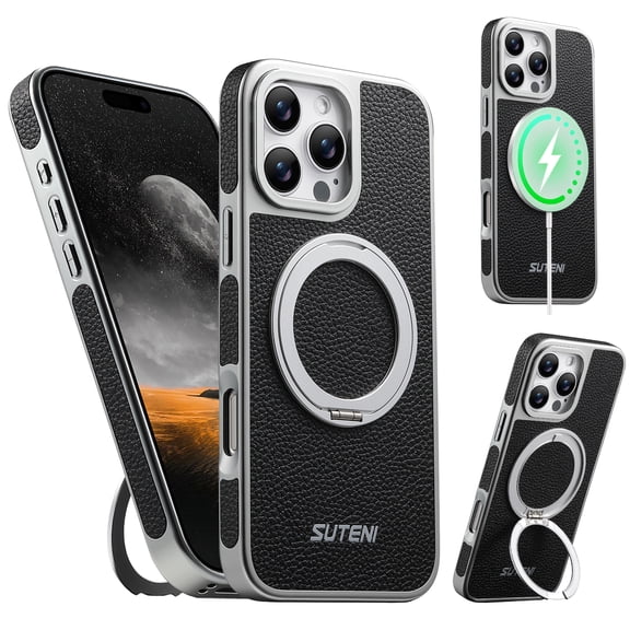 for iPhone 15 Pro Magnetic Case with 360 Rotating Ring Kickstand & Wireless Charging Support, Compatible with MagSafe, Lychee Texture PU Leather Metal Fashion Protective Phone Case, Black