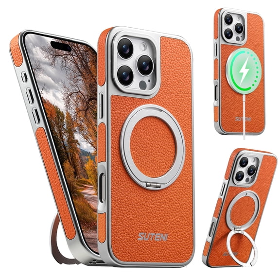 for iPhone 15 Pro Magnetic Case with 360 Rotating Ring Kickstand & Wireless Charging Support, Compatible with MagSafe, Lychee Texture PU Leather Metal Fashion Protective Phone Case, Orange