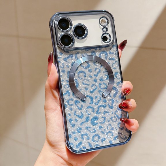 for iPhone 15 Pro Magnetic Case, Leopard Pattern Plating Phone Case, Compatible with Mag-Safe, Cute Bling Sparkly Shining Military Grade Drop Protection Cover for iPhone 15 Pro, Blue