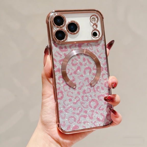 for iPhone 15 Pro Magnetic Case, Leopard Pattern Plating Phone Case, Compatible with Mag-Safe, Cute Bling Sparkly Shining Military Grade Drop Protection Cover for iPhone 15 Pro, Pink