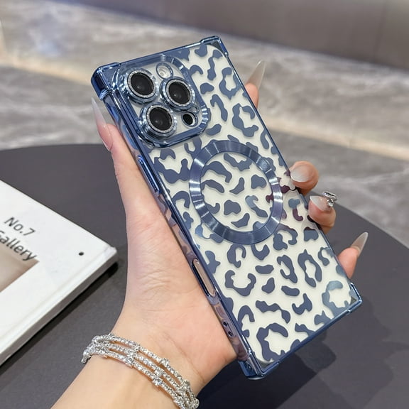 for iPhone 15 Pro Magnetic Case, Luxury Leopard Print Pattern Plating Phone Case with Glitter Bling Lens Circle, Support Wireless Charging, Clear Shockproof Back Cover for Women Girls, Blue