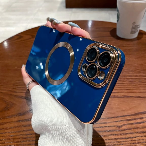 for iPhone 15 Pro Magnetic Case MagSafe Support, iPhone 15 Pro Case Built-in Camera Protector Plating Gold Soft Silicone TPU Slim Case for iPhone 15 Pro 6.1 inch, Darkblue