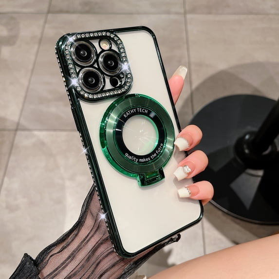 for iPhone 15 Pro Magnetic Glitter Case with Ring Holder Stand, Luxury Bling Rhinestone Clear Phone Case, Compatible with MagSafe and Camera Lens Protection Cover for Women Girls, Darkgreen