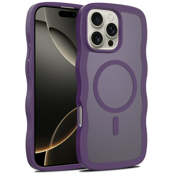 For iPhone 15 Pro Magnetic Phone Case,Compatible with Mag-safe,Wavy Frame Cute Design,Shockproof Anti-fall Translucent Matte Skin-Feel Durable Rugged Thin Fit Phone Case,Darkpurple