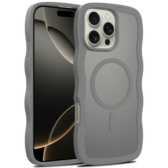 For iPhone 15 Pro Magnetic Phone Case,Compatible with Mag-safe,Wavy Frame Cute Design,Shockproof Anti-fall Translucent Matte Skin-Feel Durable Rugged Thin Fit Phone Case,Gray